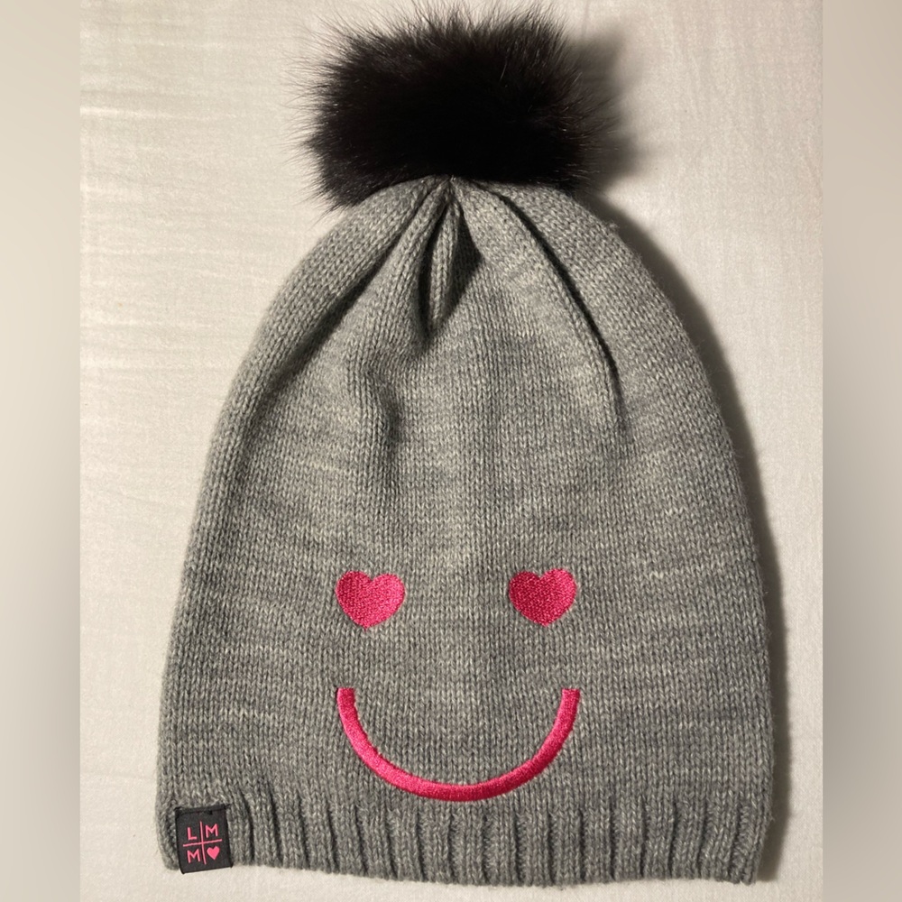 💓 Sweet Happy Smiley Face | Girl’s  Beanie Grey & Pink . Size: S/M